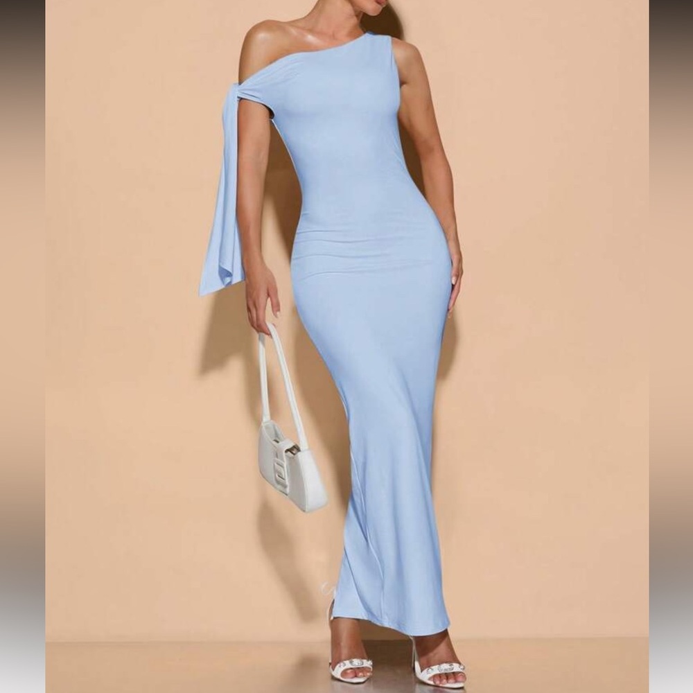 Baby Blue Asymmetric Off The Shoulder Tie Dress